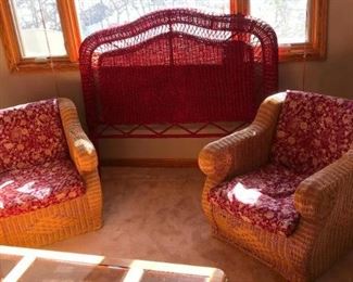 Wicker Headboard and Two Wicker Chairs