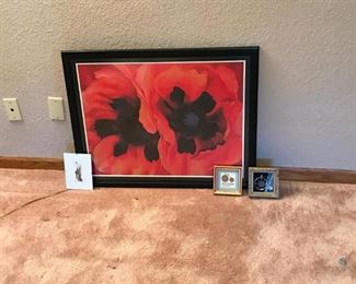 Large Poppy Print and Three Small Pieces of Wall Art	
Poppies Print in Frame is 32"x 25-1/2"; Small Art includes Two Penny Farthing Bicycle Art Pieces with Coins; Maggy's Pink Polka Dot Shoe by Carolyn Weltman