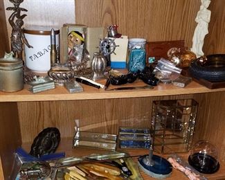 Tobacciana, Tire ashtray partially visible on upper right shelf has amber insert....from 1933 World's Fair in Chicago