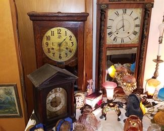 Clocks including great condition Stenciled wooden works clock (mirror in door), International Time Recording clock (needs work....most clocks need work and ALL are sold AS IS!)