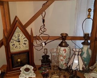 Clocks, lighting including 2 Phoenix or Consolidate Glass table lamps
