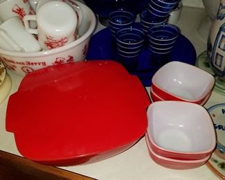 Pyrex Red covered Hostess Bowl and 4 side dishes