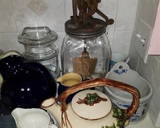 Vintage churn. Ivy Teapot is McCoy and comes with unpictured Matching Creamer & Sugar