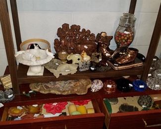 Clay marbles in jar, Soapstone carvings, Flower frogs, Candles