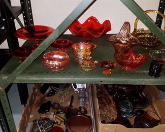 Orange, Amber & Carnival glass. Display stands