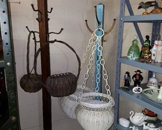 Coat trees and hanging wicker baskets