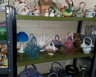 Shawnee 'Red Riding Hood' teapot , covered sugar (?) and shakers, plus other decorative items, and more glass baskets!