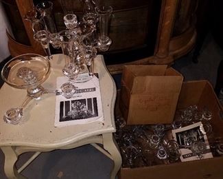 Box full of "Cambridge Arms" epergne and candelabra components, complete with original mid-century instruction books for suggestions as to their use. Sold as ONE LOT!