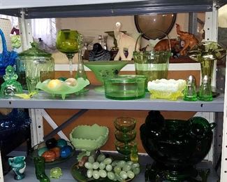 Green glass, including Forest Green punch set on stand.