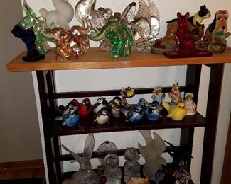 Imperial (Heisey) animals, other animals & Goebel porcelain birds (middle shelf)