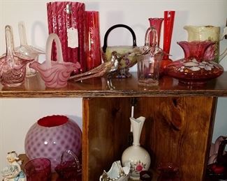 The living room display of china and glass