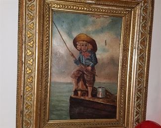 Original 'young fisherman' oil on canvas (appears to be late 1800's) in original gilt gesso frame