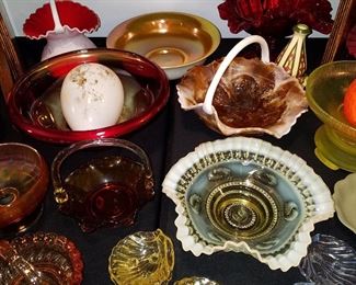 Glass includes Steuben Aurene lined Calcite bowl (back middle....but it is badly worn inside...), Other collectible glass