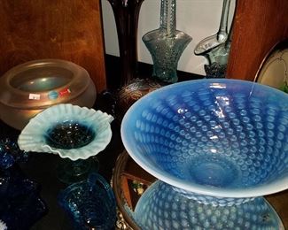Gorgeous blue opalescent bowl on mirror plateau, Fostoria rolled edge bowl with original stickers, etc.