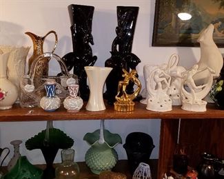 Haeger "Gazelle" set of vases, German nude figural flower frogs, Moser malachite glass basket (lower left) and more