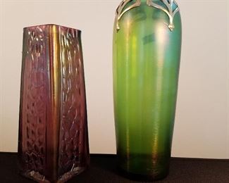 Loetz type vases. Purple one has tiny chips on rim, but still lovely.