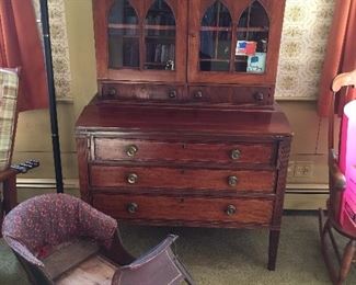 Early Mahogany Drop Front Desk and Fabulous Hand Painted Child's Sleigh