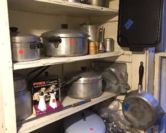 Vintage aluminum Griswold and other cookware.
