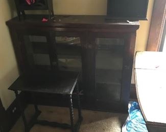 Antique storage cabinet and table, vintage magazine rack, shelving, everything for sale!
