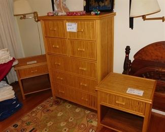 bamboo style dresser and two night stands