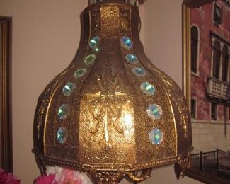 Amazing Vintage Jeweled Brass Filigree Hanging Lamp 