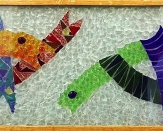 Mosaic. Untitled glass & enamel mosaic assemblage on Lucite, behind glass in artist original frame. Image measures 8 ¾” x 5 ¾” high, framed 14 ¾ " x 11 ¾ ". Reference #K.7 