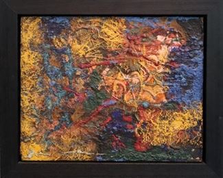 "Sunset", 1973. Acrylic & Silica on Panel entitled “Sunset", in Weinstein Gallery float frame. Signed verso, dated 1973.  Image measures 20” x 16” high, framed 24 ½ " x 24 ½". Reference #K.24 