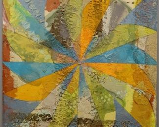 "Wind Wheel", 1975. Acrylic & Silica on board mounted on fabric, entitled "Wind Wheel". Signed verso, dated 1975.  Measures 33 ½ " x 33 ½ " high, unframed. Reference # K.1 