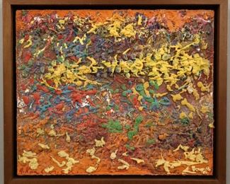 "Orange Strata", 1961. Acrylic on Canvas, entitled "Orange Strata" in Weinstein Gallery float frame. Signed lower left, dated 1961.  Image measures 20” x 24” high, framed 23" x 26 ½ " overall.  Reference #K.2