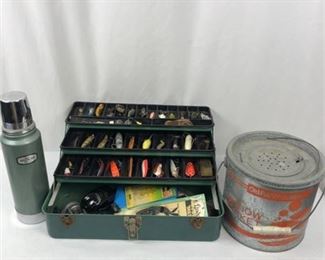 Lot 070
Loaded Vintage Tackle Box, Alladins Thermos, Reels, Minnow Bucket