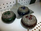3 small trinket boxes blue green and burgandy with 3 stone center design