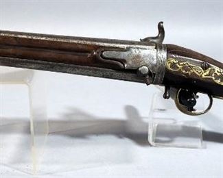 Antique Double Rotating Barrel Percussion Cap Pistol, Marked G E Collicot, Brass Trigger Guard And Butt With Scroll work