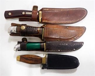 Knife Collection, Includes Oldtimer 9.5" OL, Western 8" OL, Unmarked 7" OL, And Western 8.5" OL, All In Leather Sheaths
