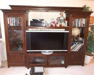 Beautiful Wood and Glass Entertainment Center, Faux Plants, Books, Christmas Decor, Globe and More! 