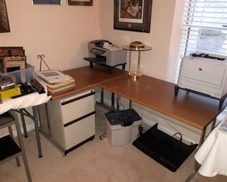 Wooden Desk, Filing Cabinet, Paper Shredder, HP Printers, Table Lamp, Printing Paper & More