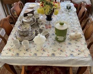 Johnson bros dishes 
Glassware all on dining room table and chairs 