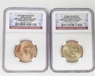 2081: 2007-S $1 John Adams and 2007-P $1Thomas Jefferson Coin
Second President John Adams coin 2007-D Brilliant UNC. First day of issue Third President Thomas Jefferson 2007-P $1 brilliant UNC. First day of issue