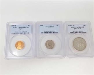 2083: 1979-S Penny, 1958 Nickel and 1991-1995 WWII Commemorative Half Dollar - All Graded
1979-S Penny PCGS Graded PR68RD DCAM, 1958 Nickel PCGS Graded PR66 and 1991-1995-P WWII Commemorative Half Dollar Coin PCGS Graded PR69DCAM