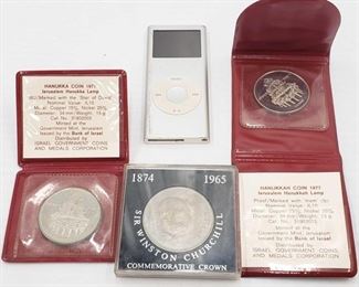 2095: Two 1977 Hanukka Coins, Winston Churchill Commemorative Coin and iPod Nano
Two 1977 Hanukka Coins, Winston Churchill Commemorative Coin and iPod Nano