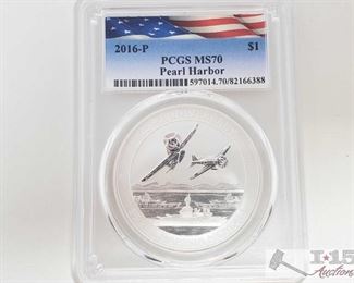 #2020 • .999 Fine Silver 2016-P 75th Anniversary Pearl Harbor Commemorative 1 Oz Coins - PCGS Graded Year 2016 Prof Grade: MS70