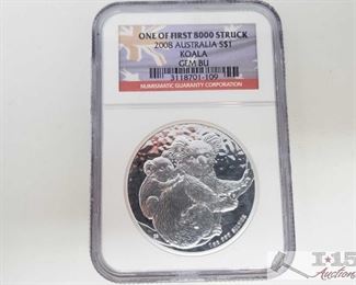 #2022 • .999 Fine Silver 2008 $1 Australian Koala Coin - NGC Graded NGC Graded GEM BU One of First 8000 Struck in protective casing