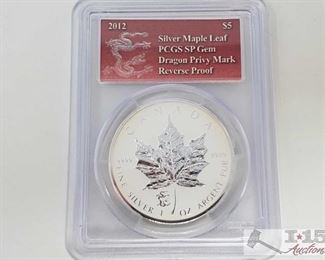 2023 • .999 Fine Silver 2012 $5 Maple Leaf 1oz Coin with Dragon Privy Mark - PCGS Graded PCGS Graded SP Gem Reverse proof in casing
