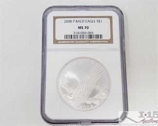 #2025 • .900 Silver 2008-P $1 Bald Eagle Coin - NGC Graded MS70 in protective casing