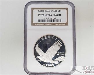 #2026 • .900 Silver 2008-P $1 Bald Eagle Coin - NGC Graded PF 70 Ultra Cameo in protective casing
