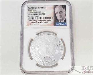 #2027 • .900 Silver 2015-W $1 March of Dimes Set 1oz Coin - NGC Graded PF 70 Ultra cameo in protective casing