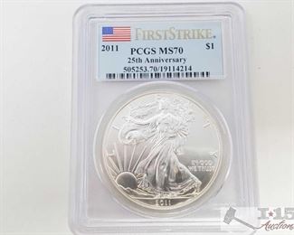 #2037 • .999 Fine Silver 2011 $1 Walking Liberty 1oz Coin 25th Anniversary - PCGS Graded
ms70
