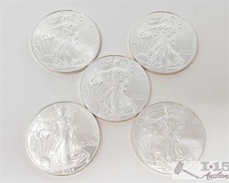 #2047 • Five .999 Fine $1 Silver Walking Liberty 1oz Coins
2004, two 2013 and 2015 coins