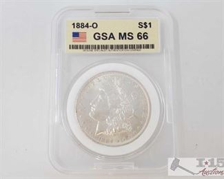 #2051 • 1884-O Morgan Silver Dollar - GSA Graded
New Orleans Mint GSA MS66 Prof Graded MS66