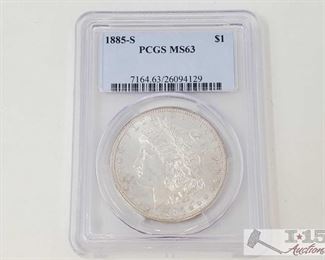 #2052 • 1885-S Morgan Silver Dollar - PCGS Graded MS63 San Fransisco Mint Year 1885 Prof Graded MS63