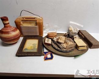 #4604 • Vintage Radio, Paper Clippings, Jewelry, Shells and much more!